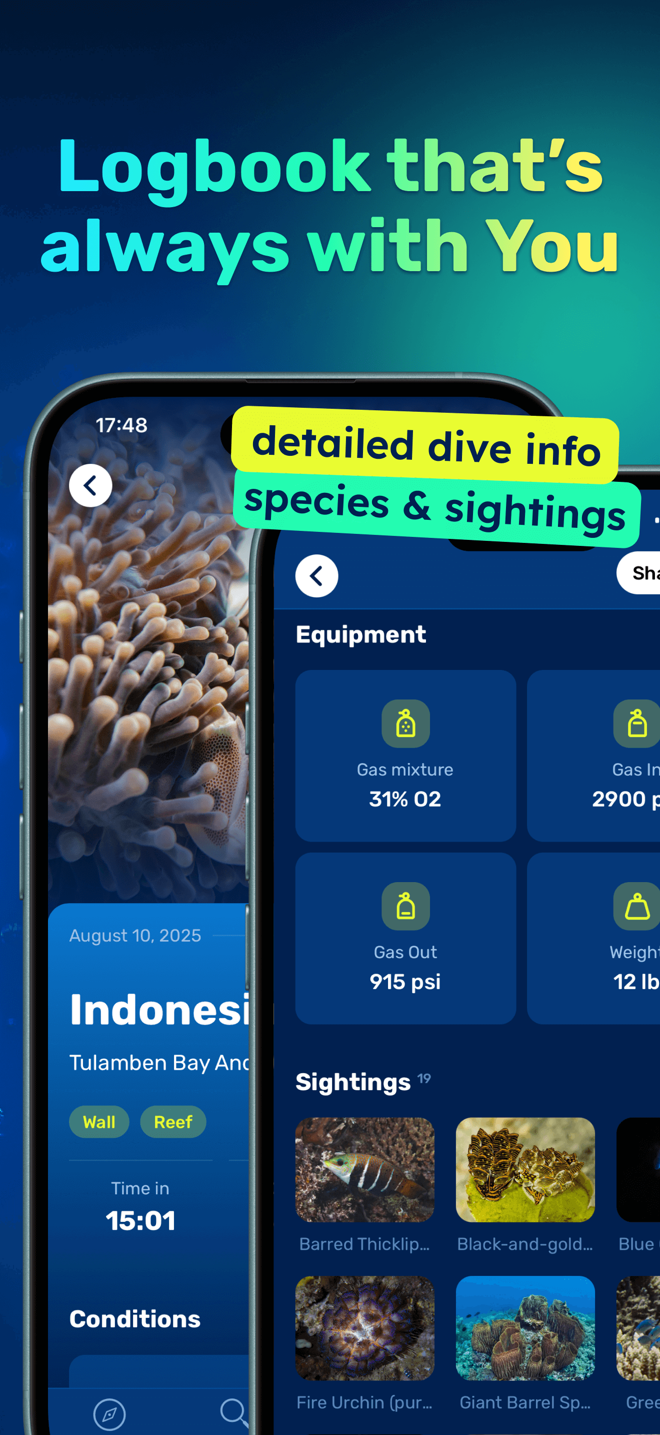 Fish identifier catch log entry showing gear and measurements in Seabook