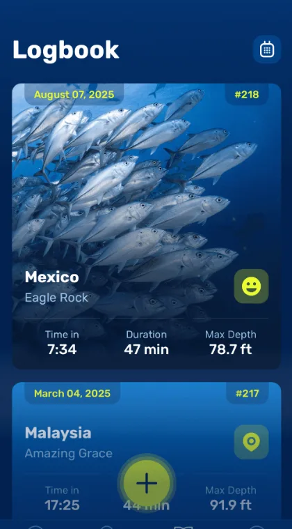 Logbook with dives, duration and max depth
